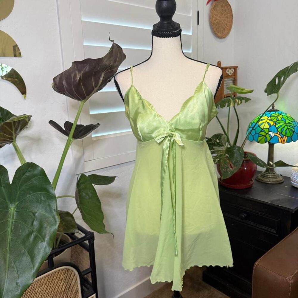 Vintage Y2K Victoria’s Secret Neon Lime Green Satin Babydoll Slip Dress M
